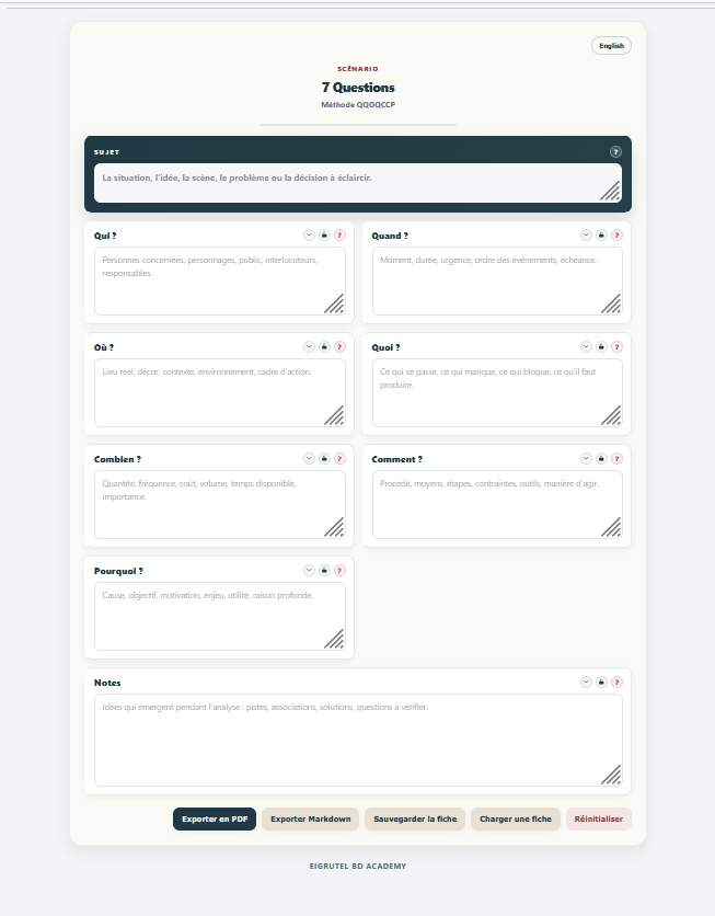 Capture d’écran de l’interface française de 7 questions