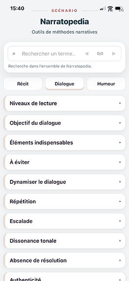 Narratopedia — rubrique Dialogue sur mobile