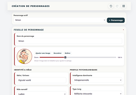 Personnages — interface française sur ordinateur