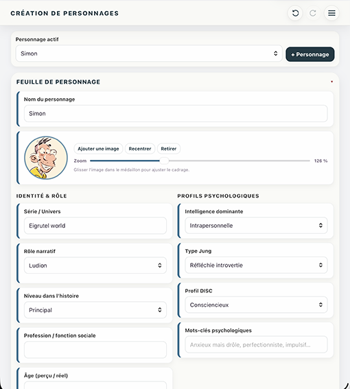 Personnages — interface française sur mobile