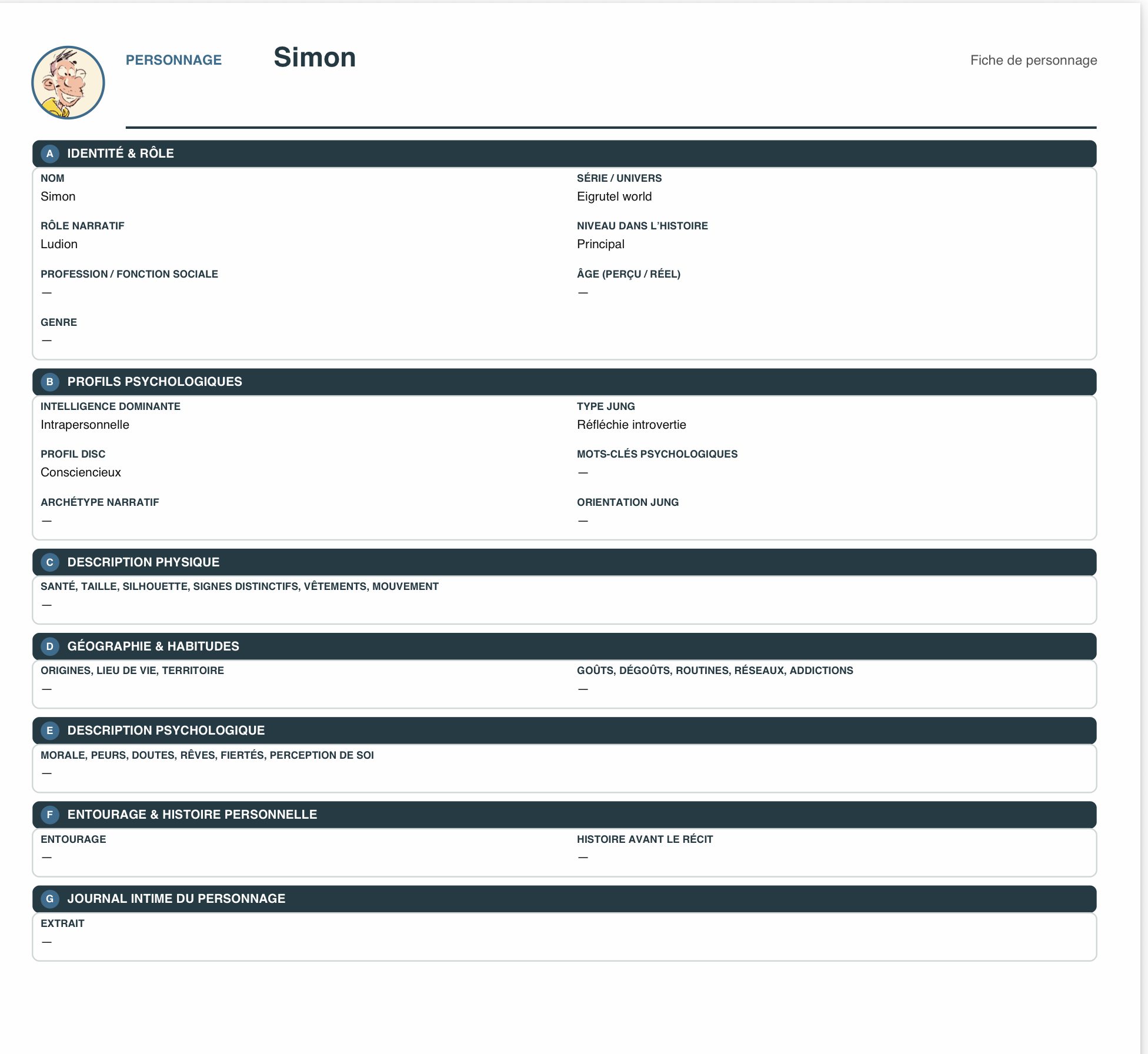 Personnages — exemple de fiche exportée en PDF